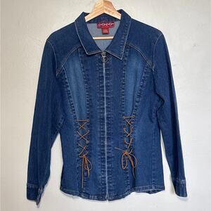 Women's Size S Vintage 90s Solo Jeans Brown Lace Up Medium Wash Jean Jacket